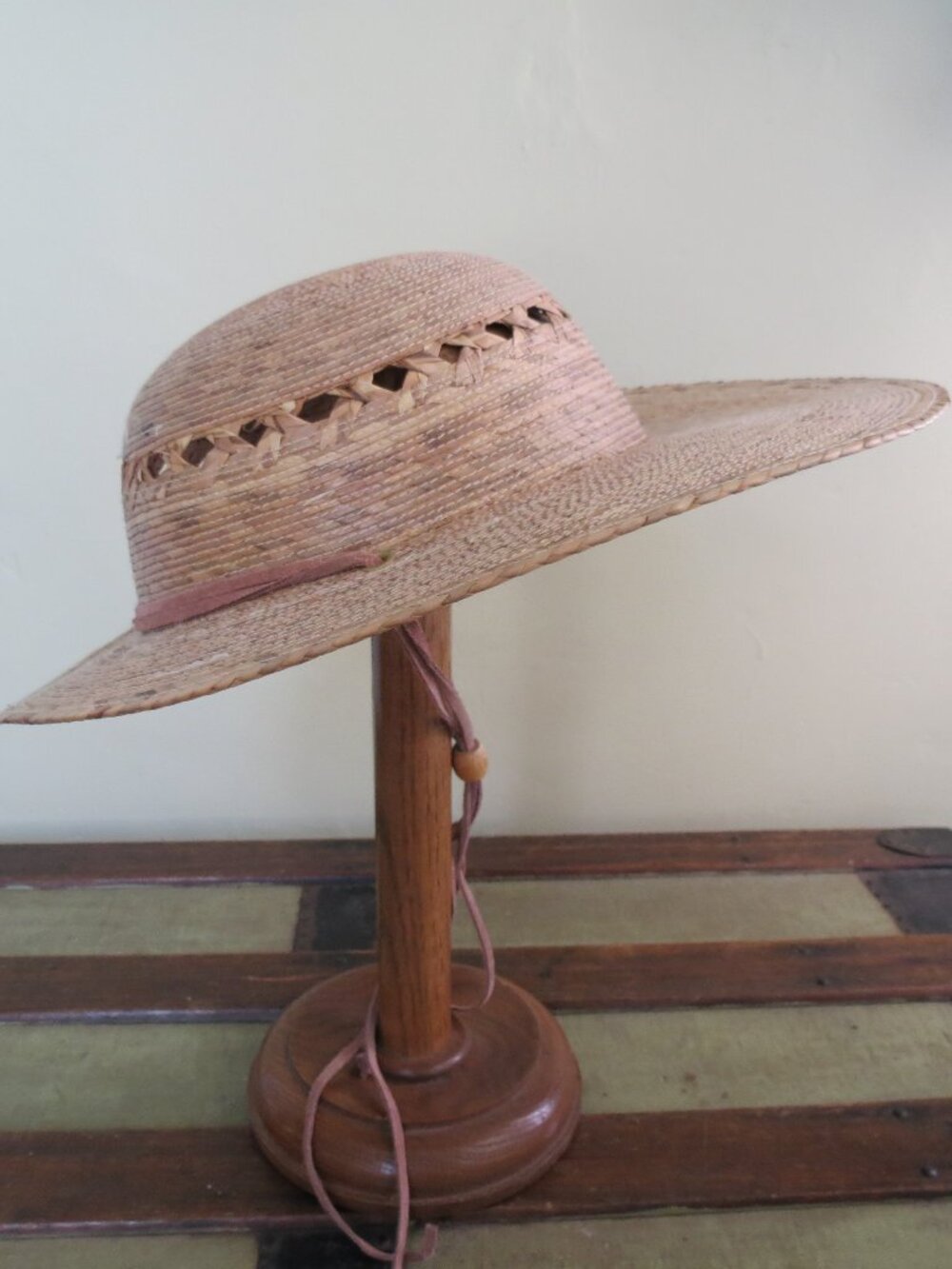 Tula straw lattice hat with wide sun brim, chin tie leather strap